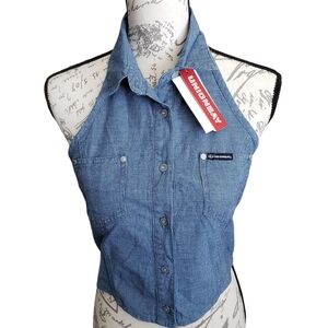 UNIONBAY Vintage Y2K Blue Halter Crop Top Button Up Open Back Western Medium